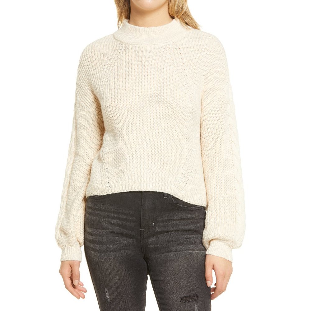 NWT Women's Bp. Chunky Cable Knit Balloon Sleeve Sweater Beige Size S $25 G473